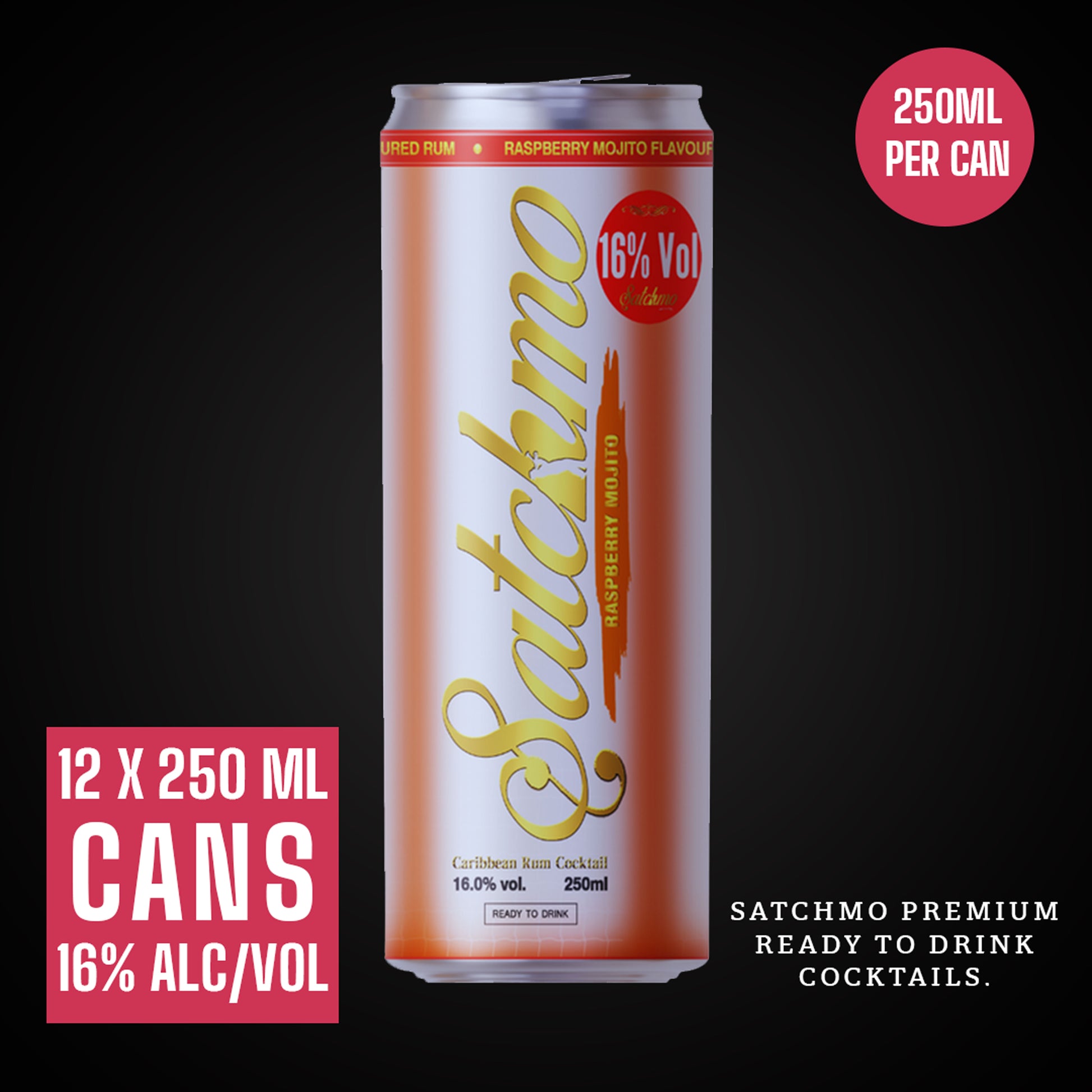 Satchmo Raspberry Mojito Rum Cocktail, 16% ABV, 12 x 250ml Cans - Rumtops Ltd