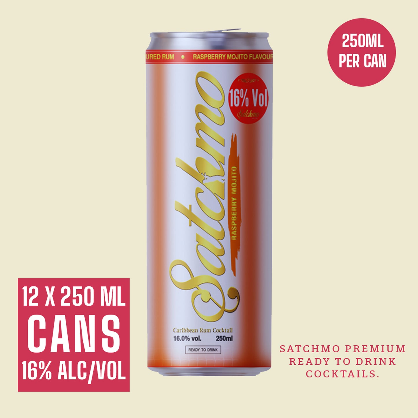 Satchmo Raspberry Mojito Rum Cocktail, 16% ABV, 12 x 250ml Cans - Rumtops Ltd