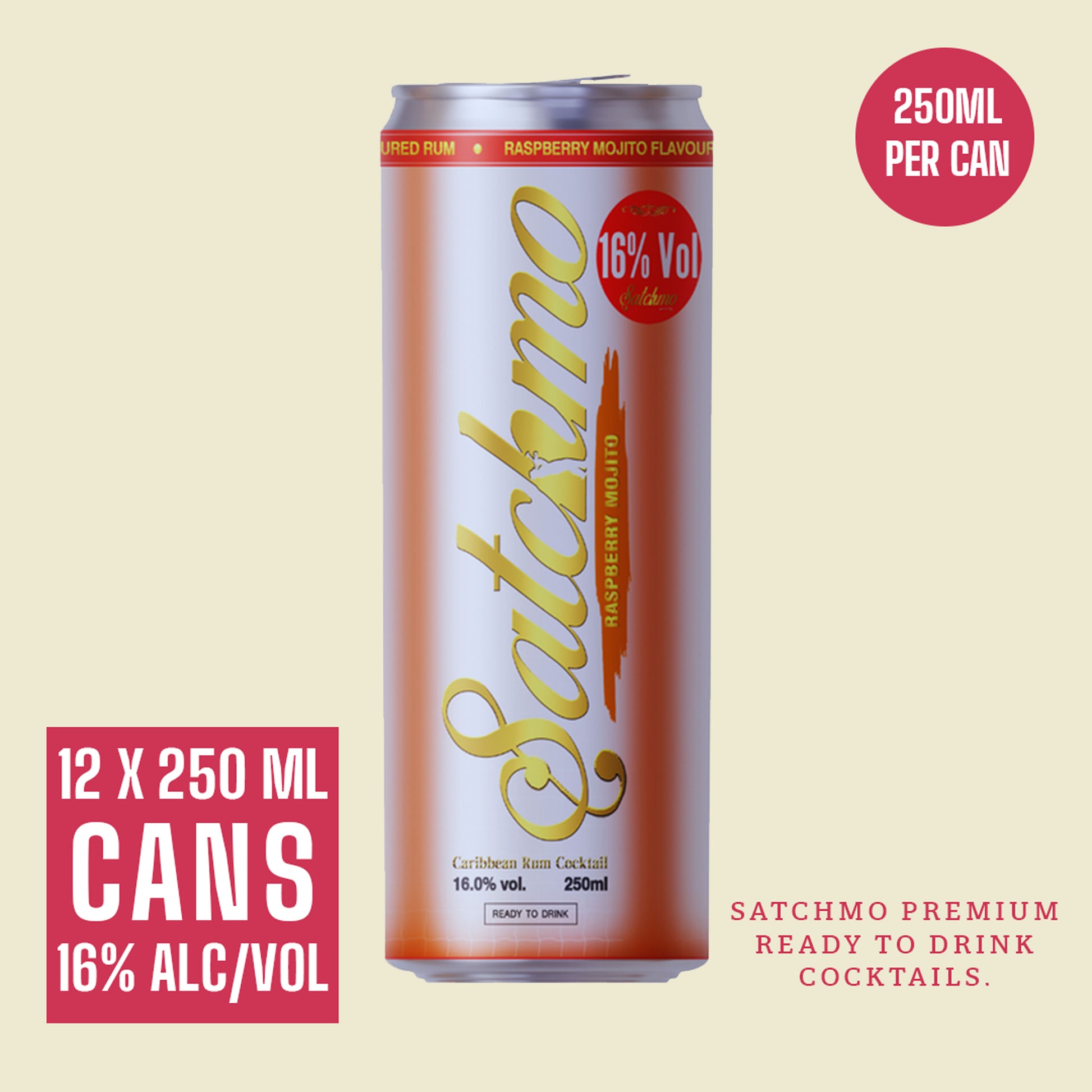 Satchmo Raspberry Mojito Rum Cocktail, 16% ABV, 12 x 250ml Cans - Rumtops Ltd