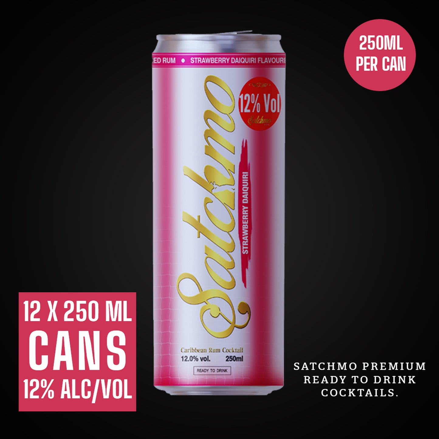 Satchmo Strawberry Daiquiri Rum Cocktail, 12% ABV, 12 x 250ml Cans - Rumtops Ltd