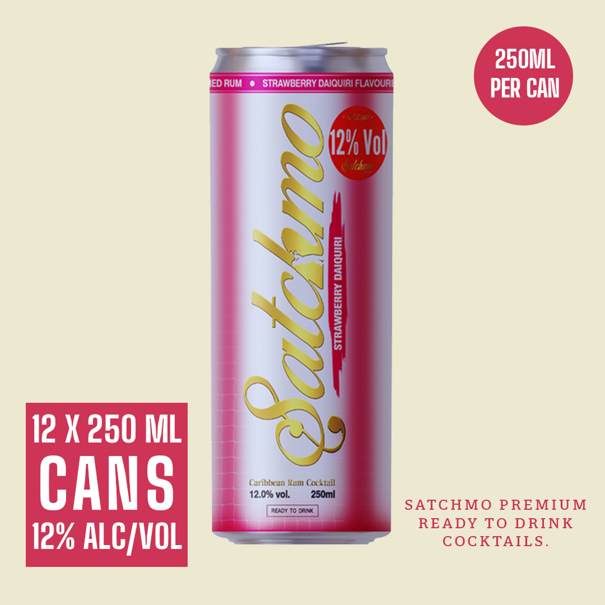 Satchmo Strawberry Daiquiri Rum Cocktail, 12% ABV, 12 x 250ml Cans - Rumtops Ltd
