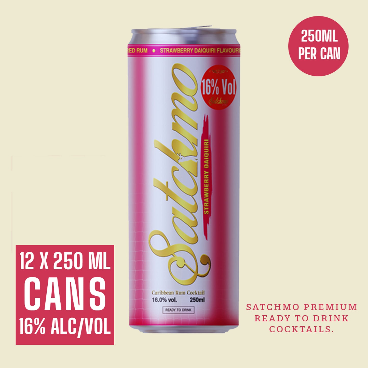 Satchmo Strawberry Daiquiri Rum Cocktail, 16% ABV, 12 x 250ml Cans - Rumtops Ltd