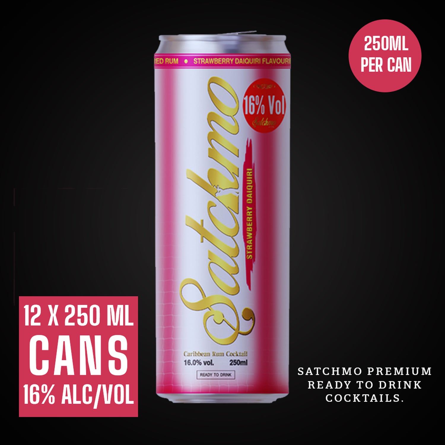 Satchmo Strawberry Daiquiri Rum Cocktail, 16% ABV, 12 x 250ml Cans - Rumtops Ltd