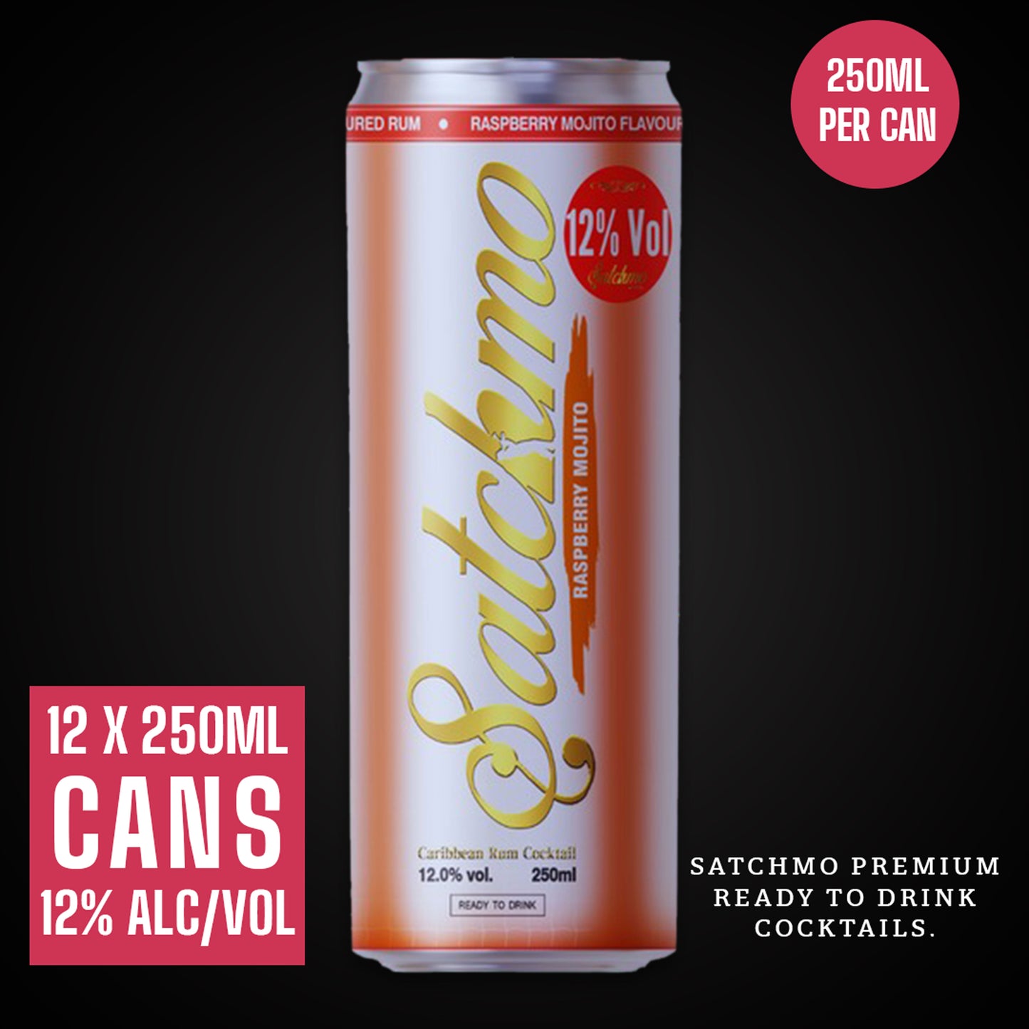 Satchmo Raspberry Mojito Cocktail, 12% ABV, 12 x 250ml Cans - Rumtops Ltd