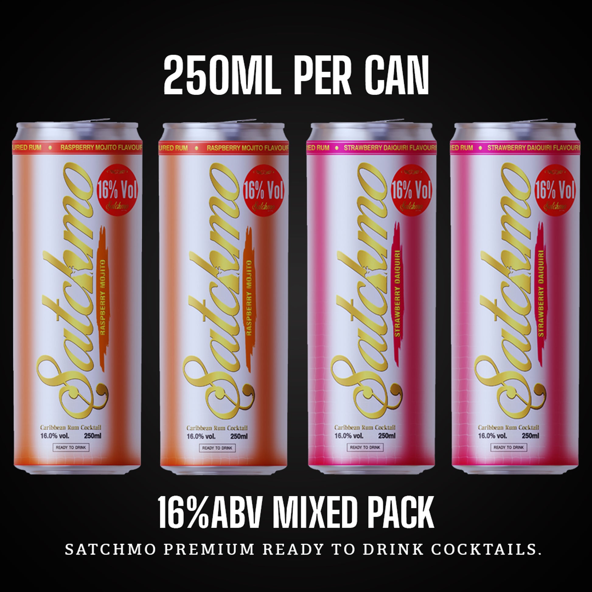 Satchmo Strawberry Daiquiri Rum Cocktail, 16% ABV, 4 x 250ml Cans - Rumtops Ltd