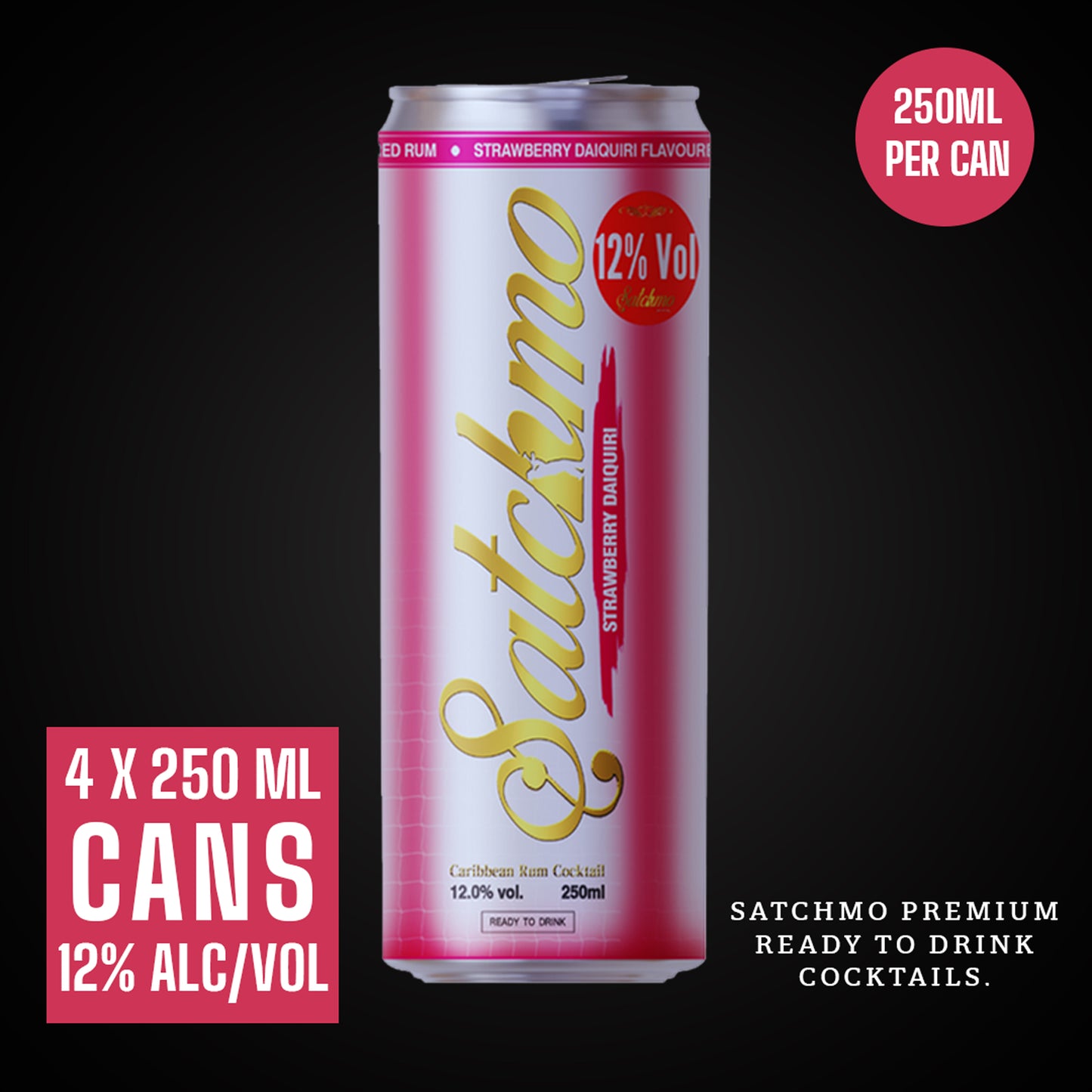 Satchmo Strawberry Daiquiri Rum Cocktail, 12% ABV, 4 x 250ml Cans - Rumtops Ltd