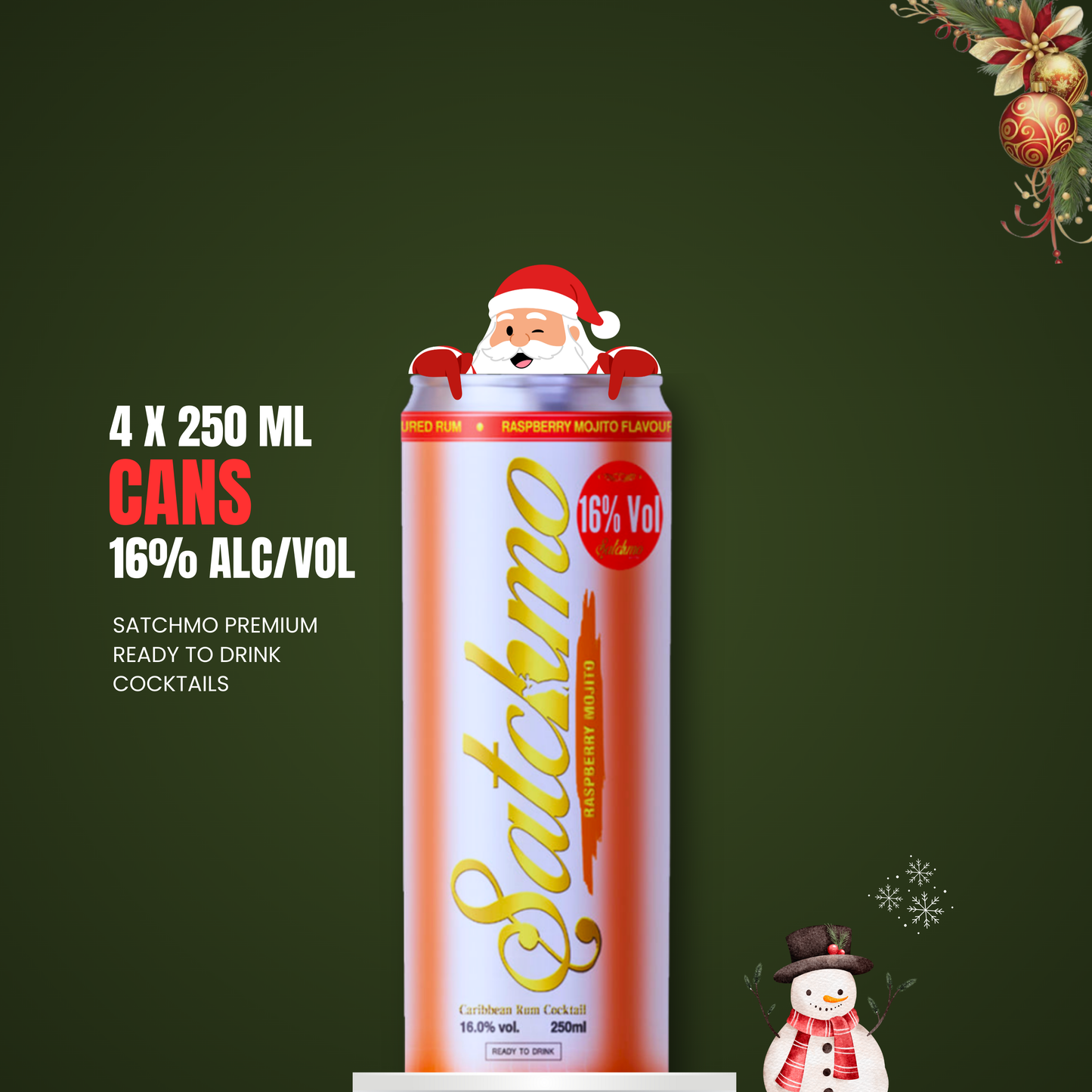 Satchmo Raspberry Mojito Rum Cocktail, 16% ABV, 4 x 250ml Cans - Rumtops Ltd