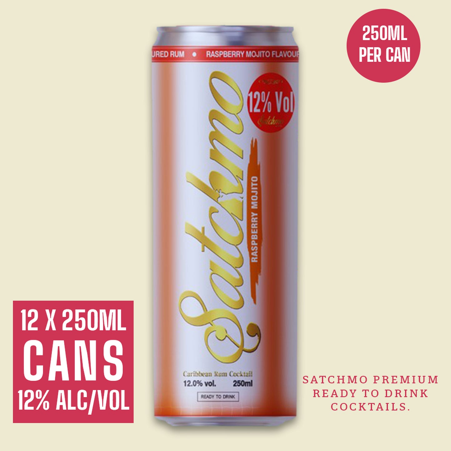 Satchmo Raspberry Mojito Cocktail, 12% ABV, 12 x 250ml Cans - Rumtops Ltd
