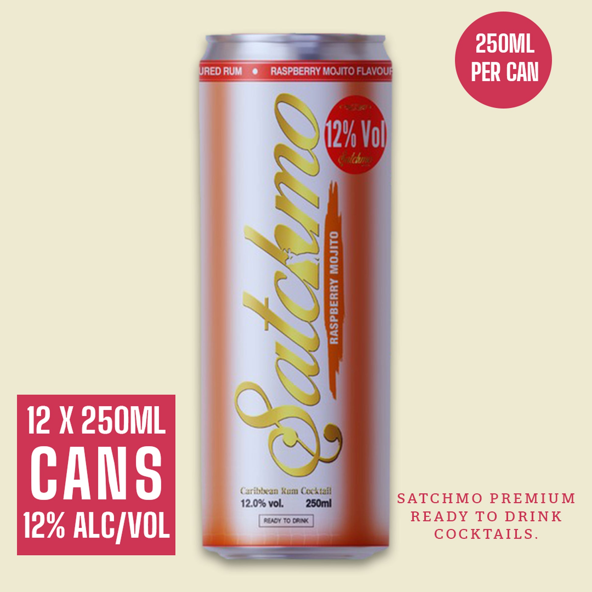 Satchmo Raspberry Mojito Cocktail, 12% ABV, 12 x 250ml Cans - Rumtops Ltd
