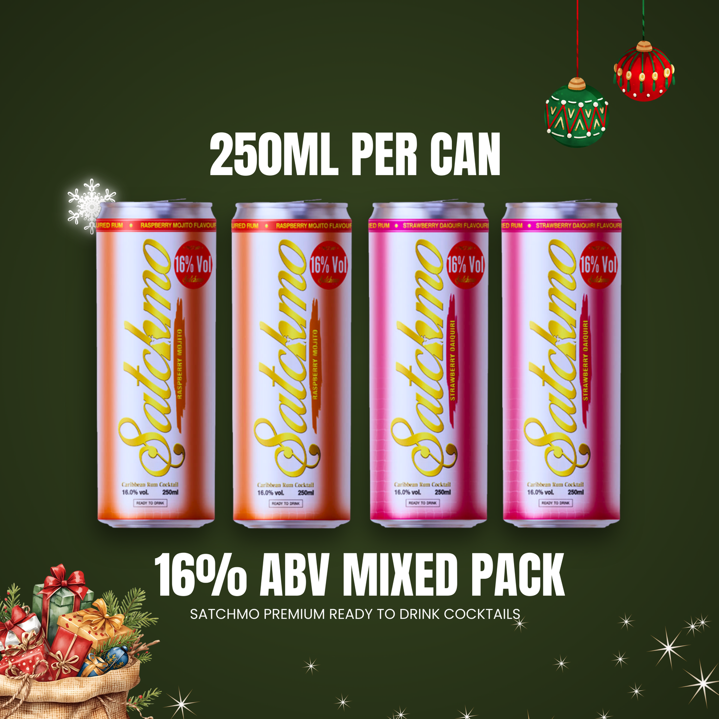 Satchmo Raspberry Mojito & Strawberry Daiquiri Cocktail Mixed Pack, 16% ABV, 4 x 250ml Cans - Rumtops Ltd