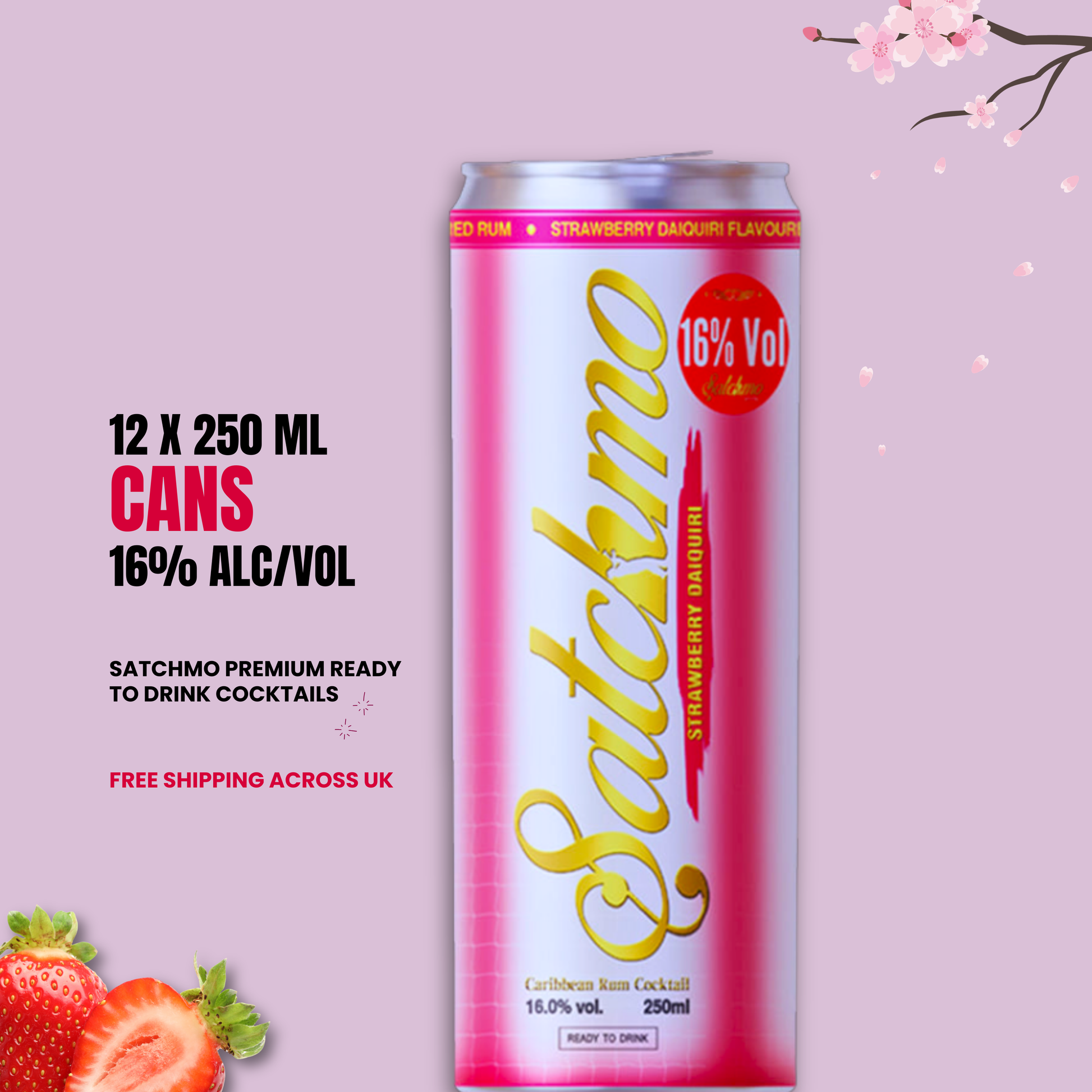 Satchmo Strawberry Daiquiri Rum Cocktail, 16% ABV, 12 x 250ml Cans - Rumtops Ltd 