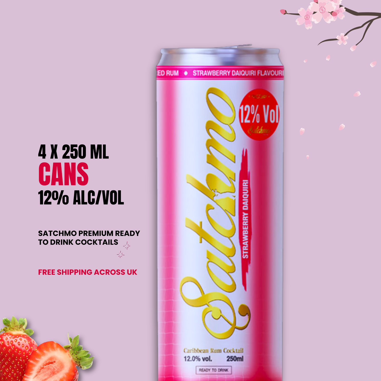 Satchmo Strawberry Daiquiri Rum Cocktail, 12% ABV, 4 x 250ml Cans