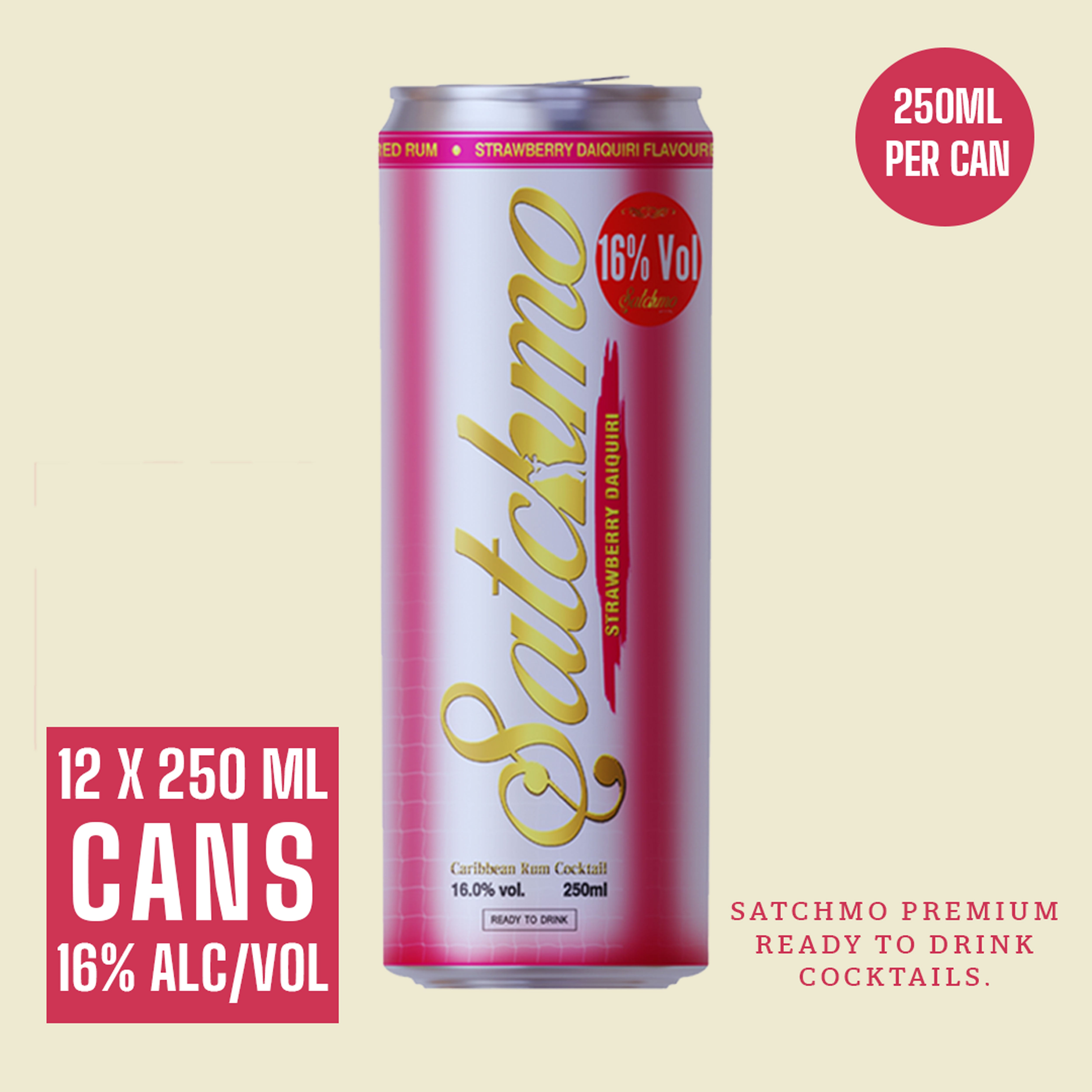 Satchmo Strawberry Daiquiri Rum Cocktail, 16% ABV, 12 x 250ml Cans