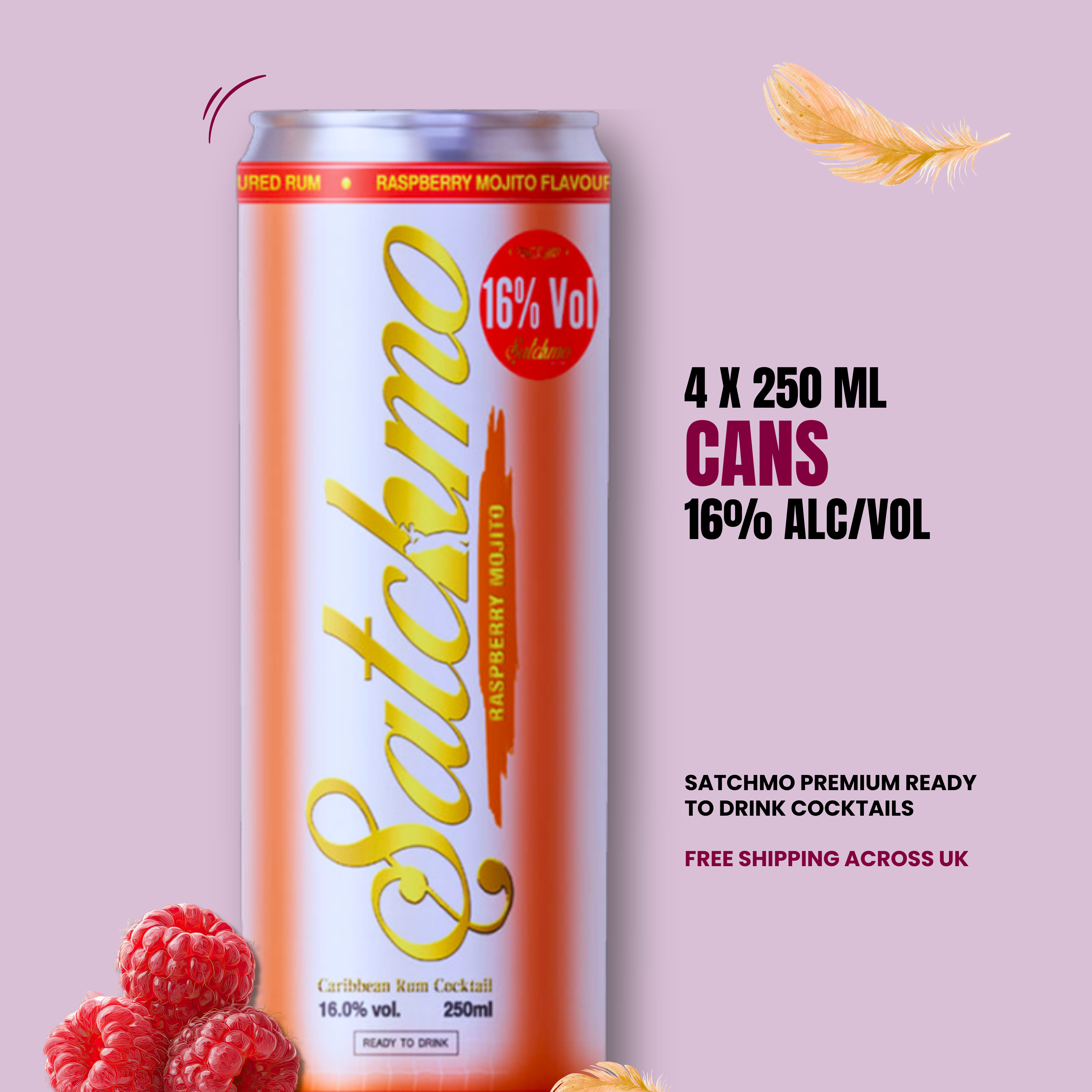 Satchmo Raspberry Mojito Rum Cocktail, 16% ABV, 4 x 250ml Cans - Rumtops Ltd 