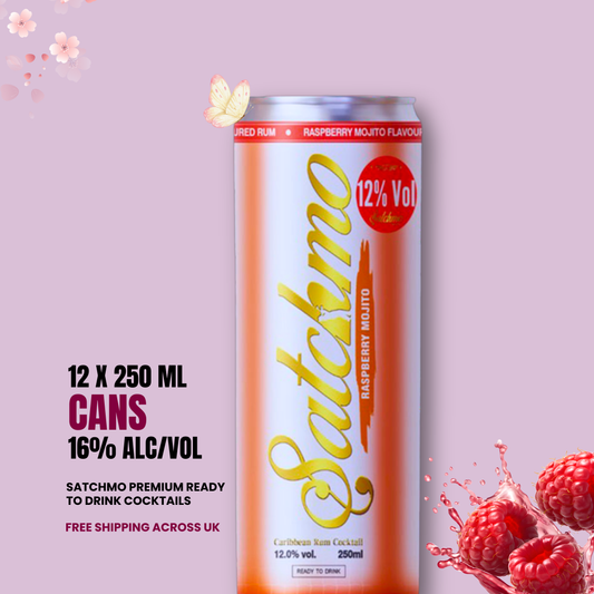 Satchmo Raspberry Mojito Rum Cocktail, 16% ABV, 12 x 250ml Cans - Rumtops Ltd 