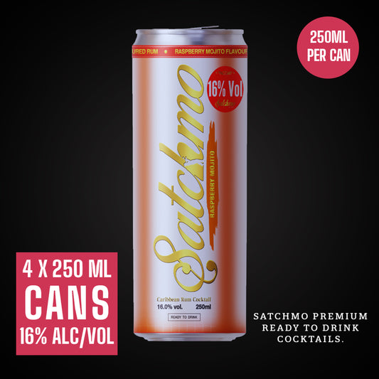 Satchmo Raspberry Mojito Rum Cocktail, 16% ABV, 4 x 250ml Cans