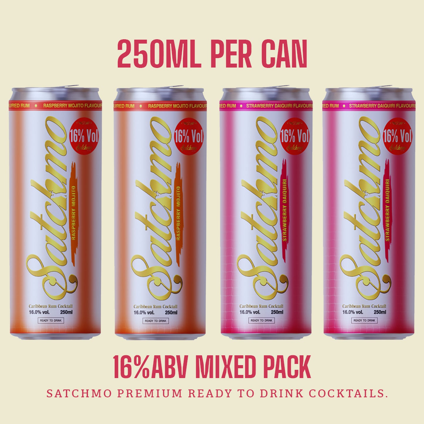 Satchmo Raspberry Mojito & Strawberry Daiquiri  Cocktail Mixed Pack, 16% ABV, 4 x 250ml Cans