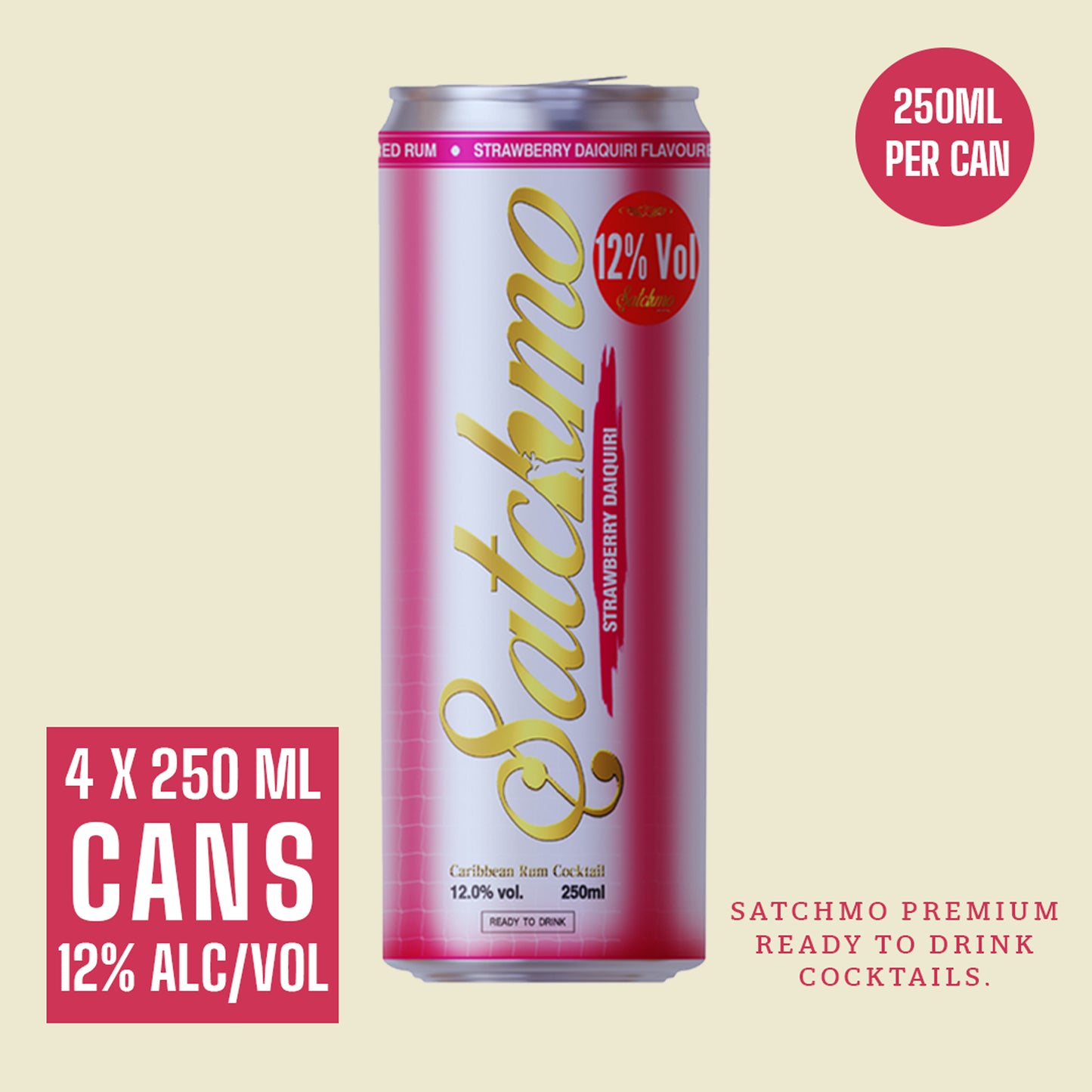 Satchmo Strawberry Daiquiri Rum Cocktail, 12% ABV, 4 x 250ml Cans