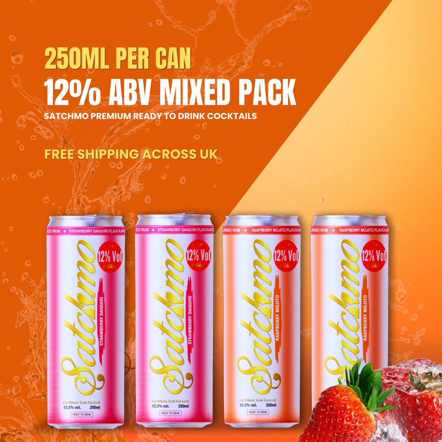Satchmo Raspberry Mojito & Strawberry Daiquiri  Cocktail Mixed Pack, 12% ABV, 4 x 250ml Cans - Rumtops Ltd 