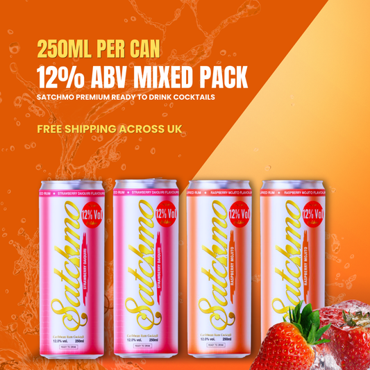 Satchmo Raspberry Mojito & Strawberry Daiquiri  Cocktail Mixed Pack, 12% ABV, 4 x 250ml Cans - Rumtops Ltd 