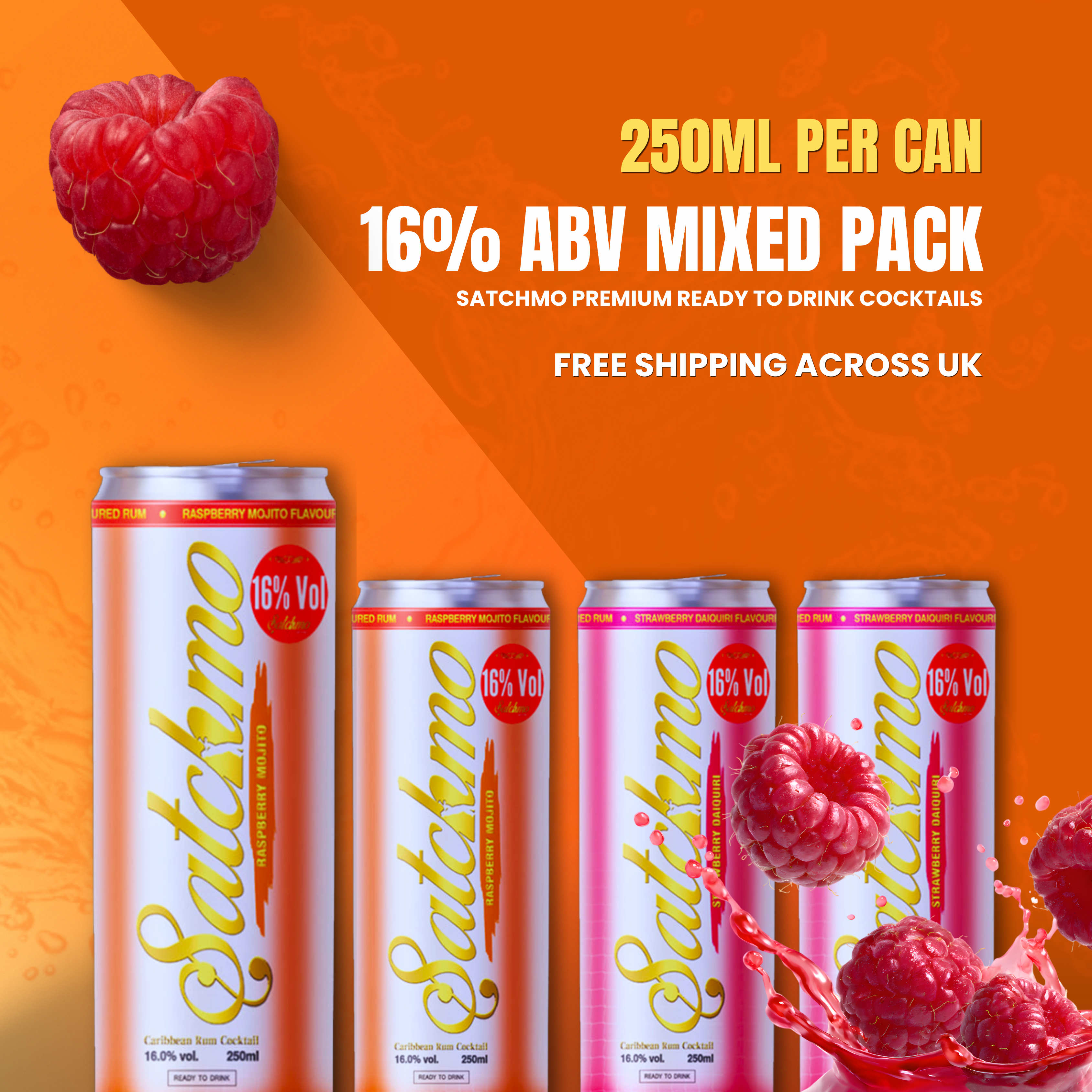Satchmo Raspberry Mojito & Strawberry Daiquiri  Cocktail Mixed Pack, 16% ABV, 4 x 250ml Cans