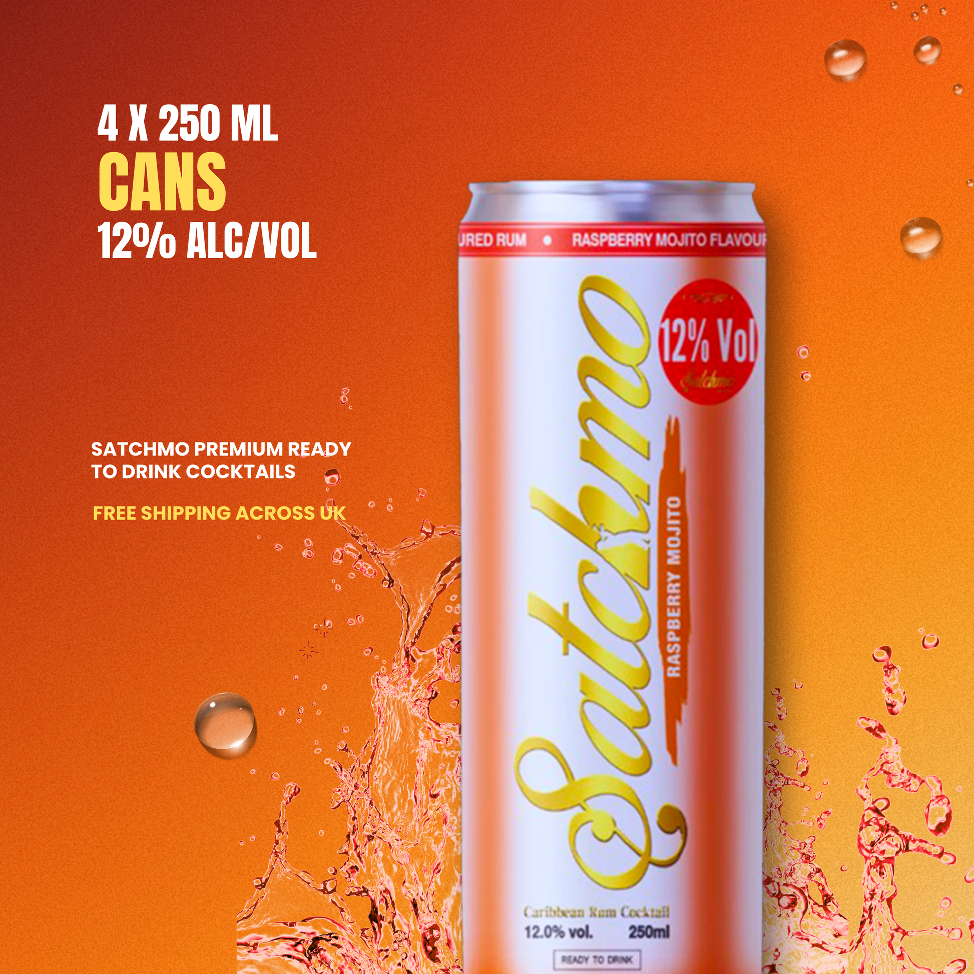Satchmo Raspberry Mojito Cocktail, 12% ABV, 4 x 250ml Cans - Rumtops Ltd 