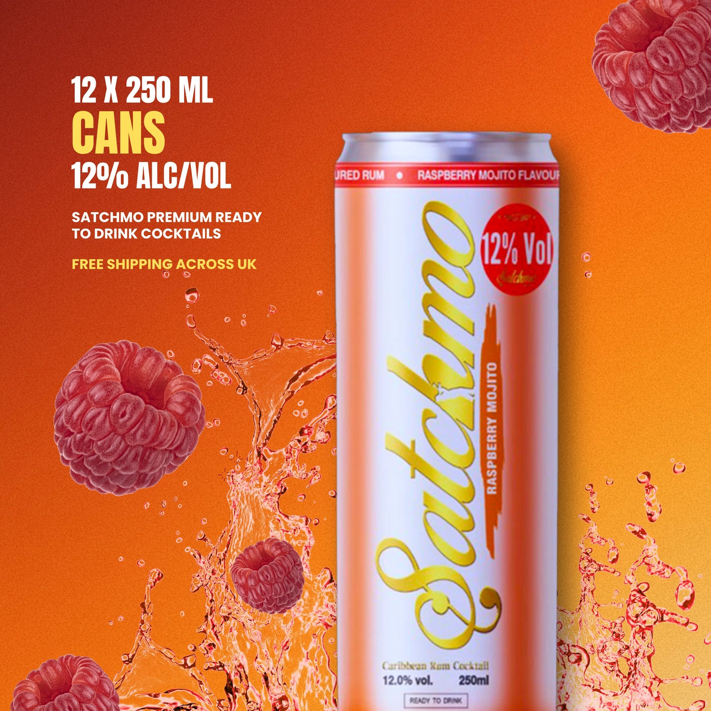 Satchmo Raspberry Mojito Cocktail, 12% ABV, 12 x 250ml Cans