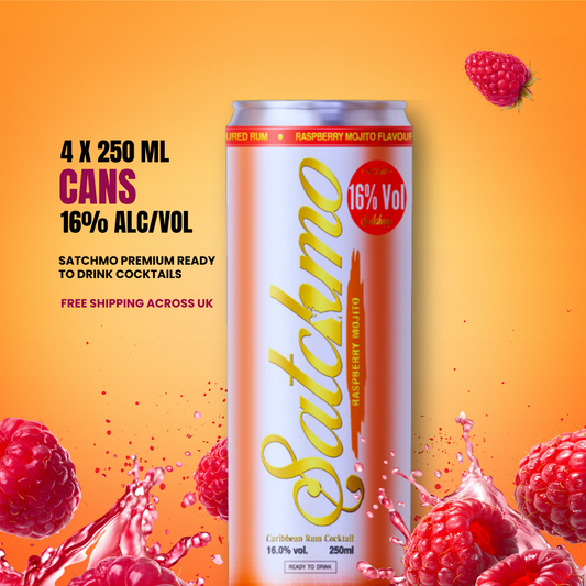 Satchmo Raspberry Mojito Rum Cocktail, 16% ABV, 4 x 250ml Cans - Rumtops Ltd 