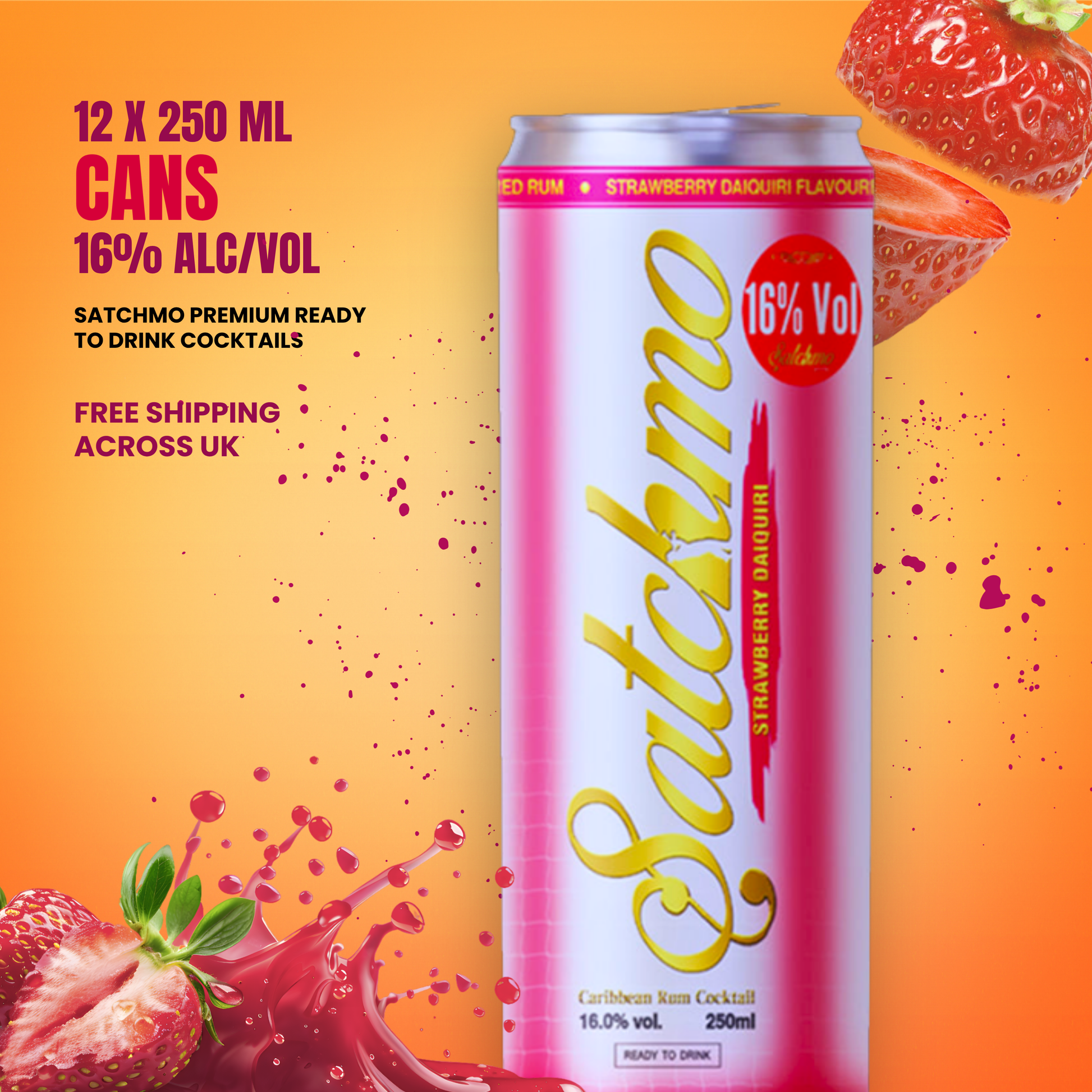 Satchmo Strawberry Daiquiri Rum Cocktail, 16% ABV, 12 x 250ml Cans - Rumtops Ltd 