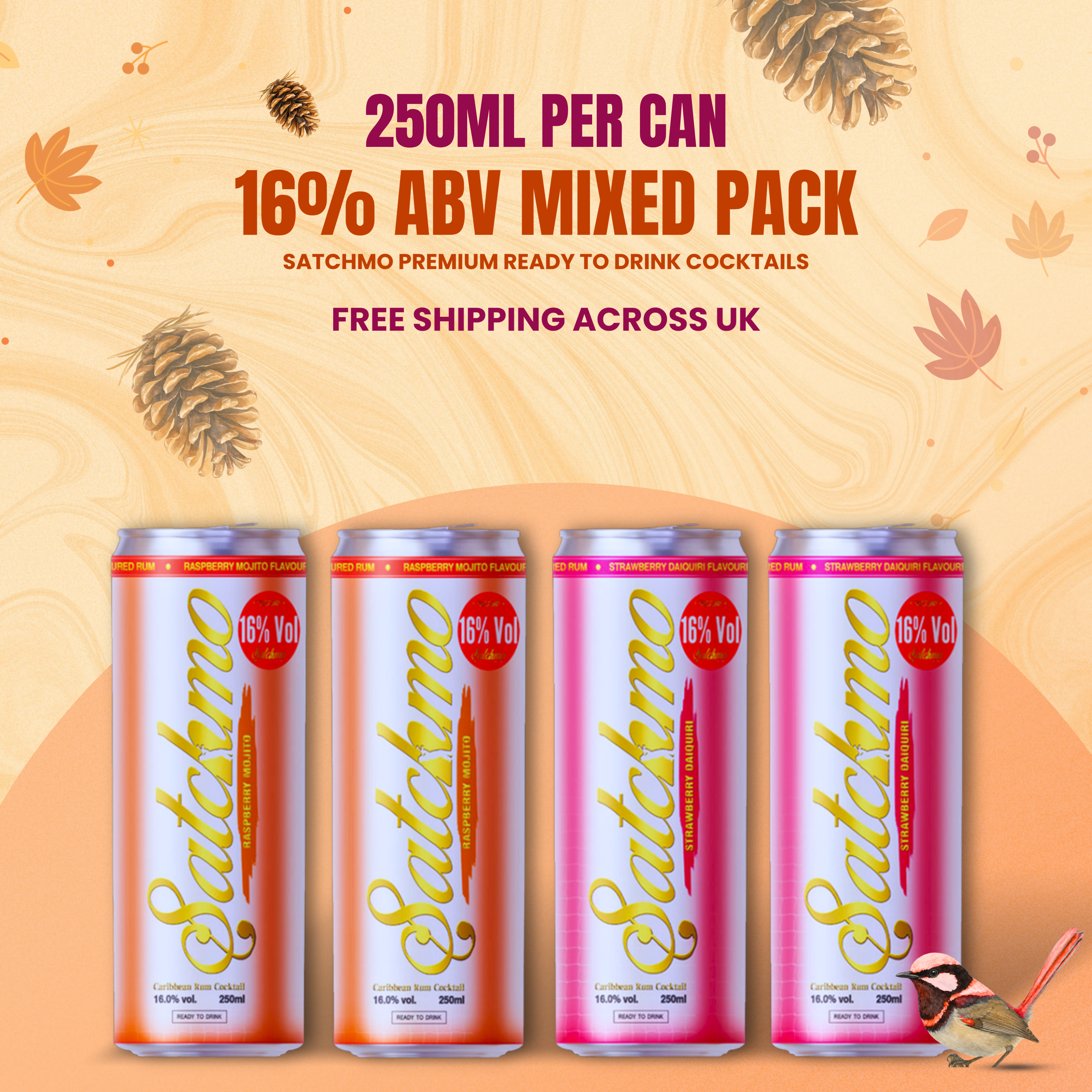 Satchmo Raspberry Mojito & Strawberry Daiquiri  Cocktail Mixed Pack, 16% ABV, 4 x 250ml Cans