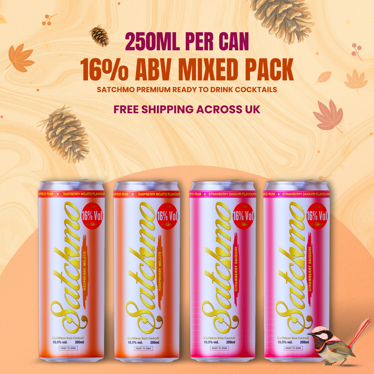 Satchmo Raspberry Mojito & Strawberry Daiquiri  Cocktail Mixed Pack, 16% ABV, 4 x 250ml Cans