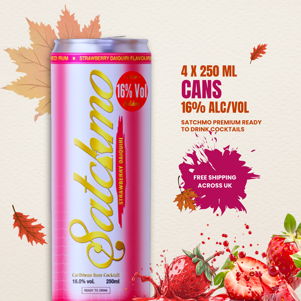 Satchmo Strawberry Daiquiri Rum Cocktail, 16% ABV, 4 x 250ml Cans
