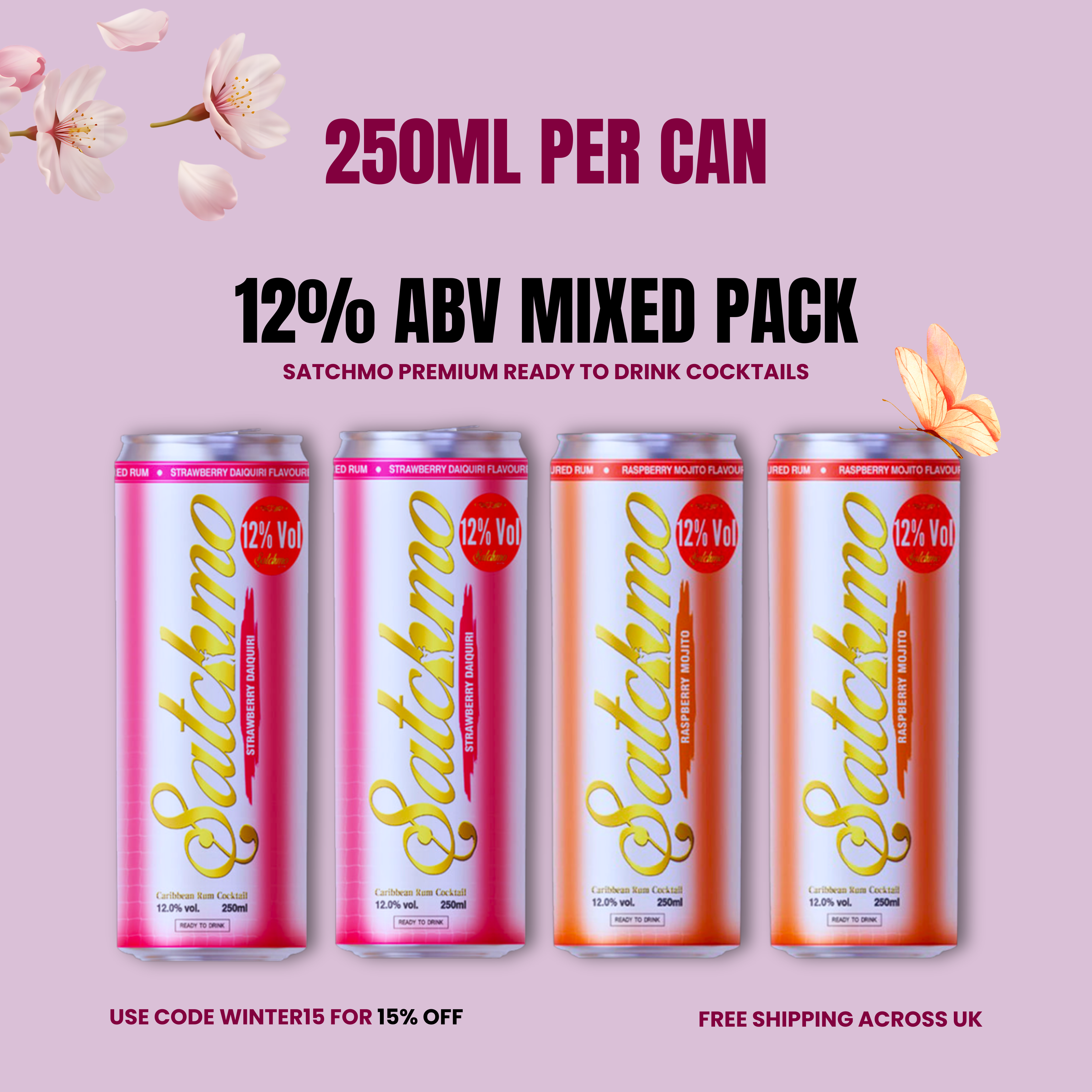 Satchmo Raspberry Mojito & Strawberry Daiquiri  Cocktail Mixed Pack, 12% ABV, 4 x 250ml Cans