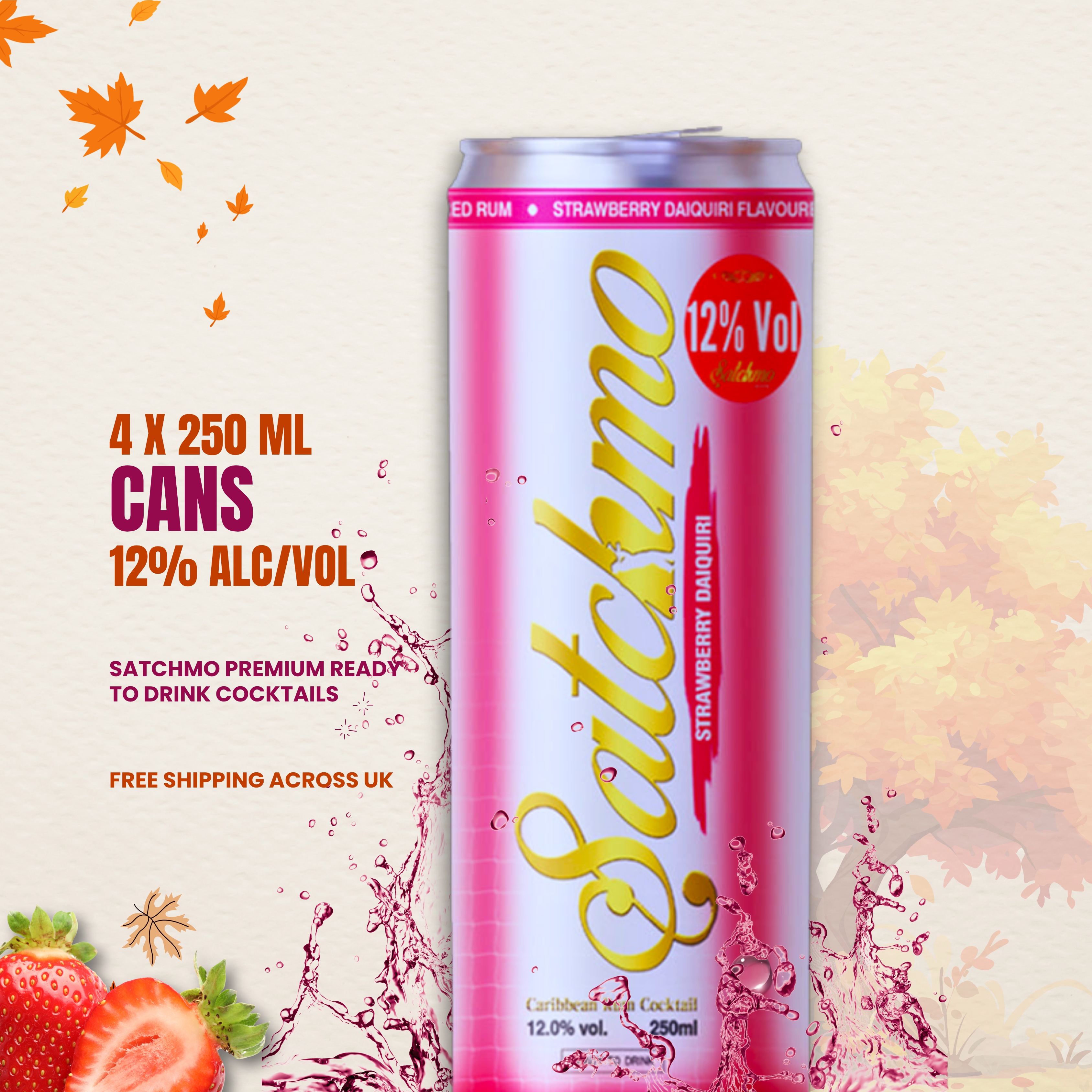 Satchmo Strawberry Daiquiri Rum Cocktail, 12% ABV, 4 x 250ml Cans