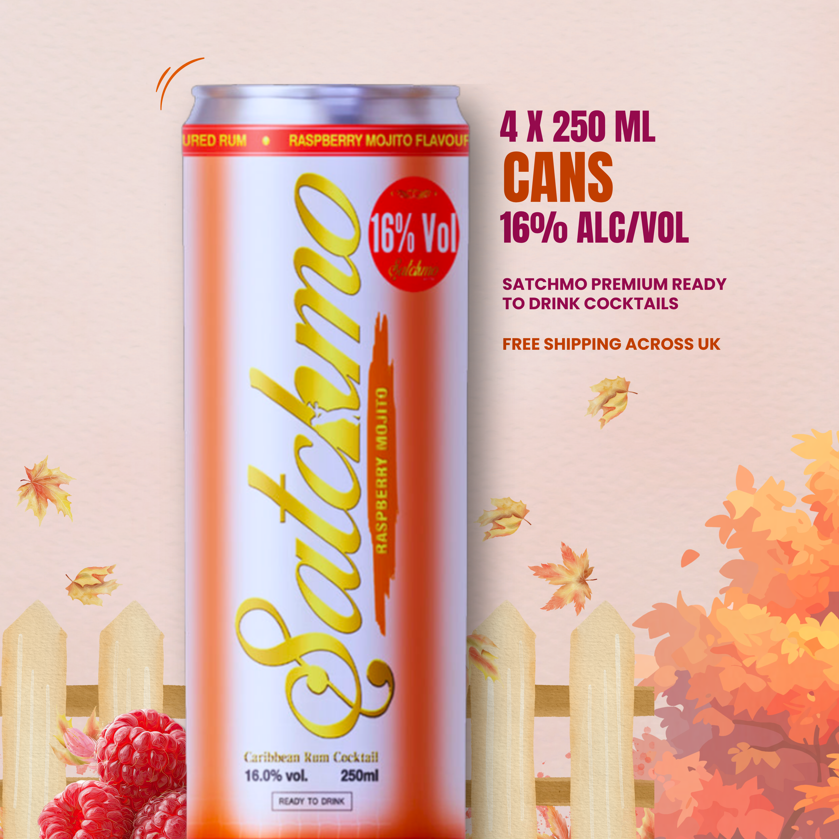 Satchmo Raspberry Mojito Rum Cocktail, 16% ABV, 4 x 250ml Cans