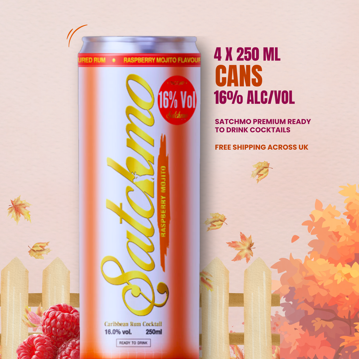 Satchmo Raspberry Mojito Rum Cocktail, 16% ABV, 4 x 250ml Cans