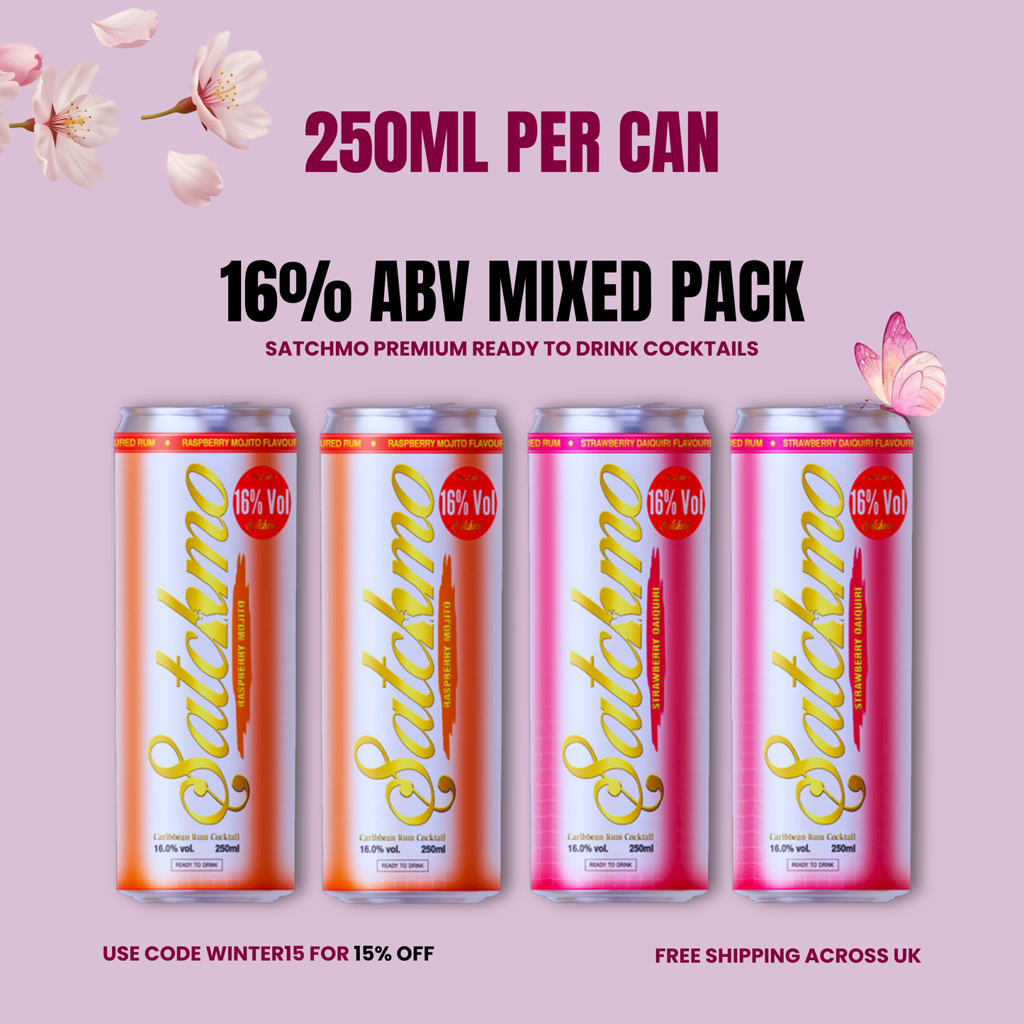 Satchmo Raspberry Mojito & Strawberry Daiquiri  Cocktail Mixed Pack, 16% ABV, 4 x 250ml Cans