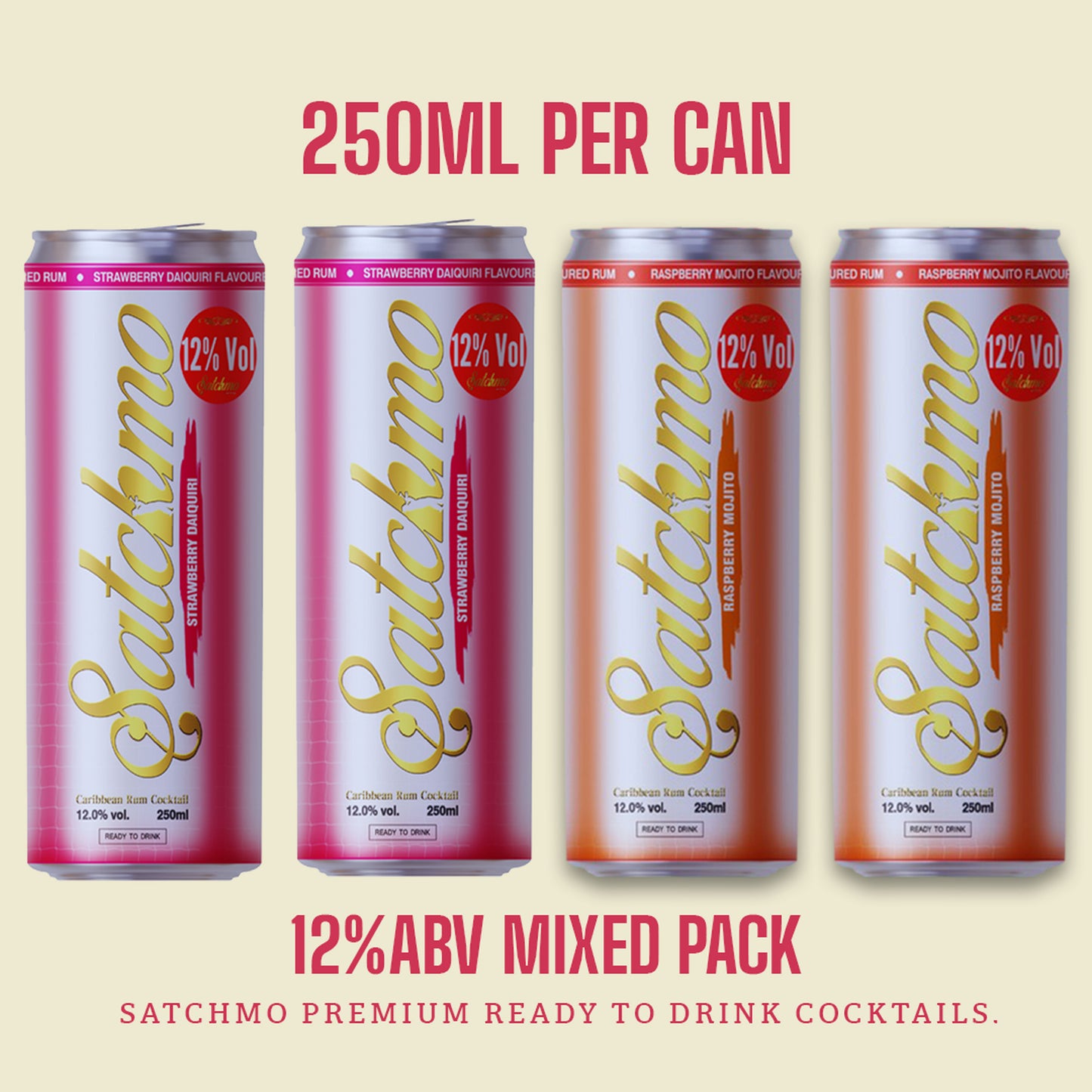 Satchmo Raspberry Mojito & Strawberry Daiquiri  Cocktail Mixed Pack, 12% ABV, 4 x 250ml Cans