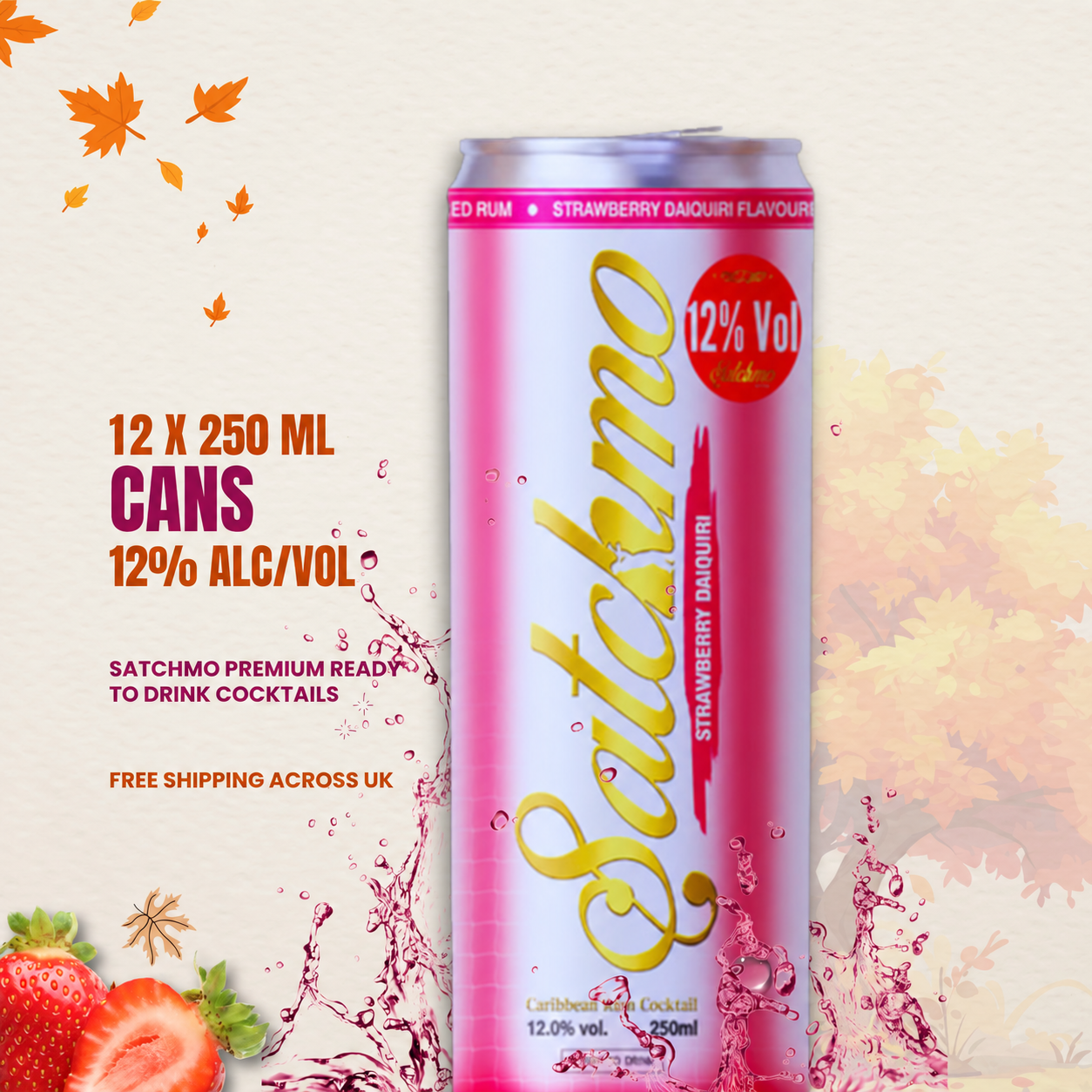 Satchmo Strawberry Daiquiri Rum Cocktail, 12% ABV, 12 x 250ml Cans