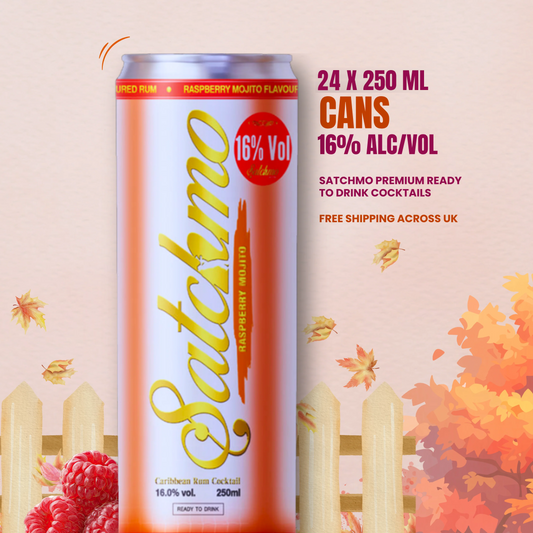 Satchmo Raspberry Mojito rum cocktail, 16% ABV, 24 x 250ml cans clearance bundle