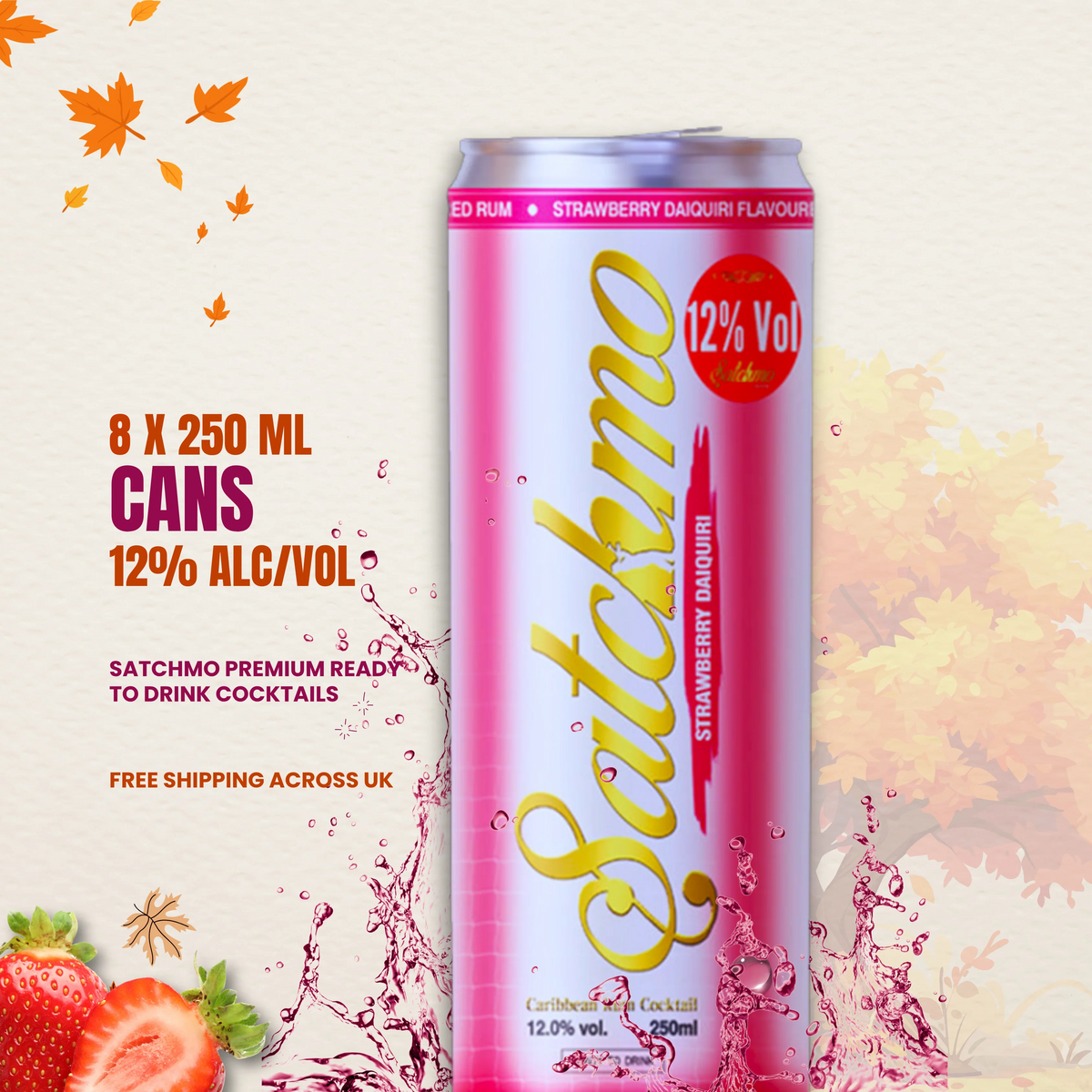 Satchmo Strawberry Daiquiri rum cocktail, 12% ABV, 8 x 250ml cans clearance pack